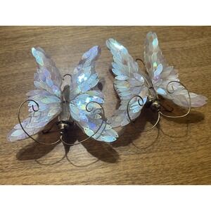 Set Of 2 Sequin Iridescent, Gold Tone, Metal Butterfly Christmas Ornaments